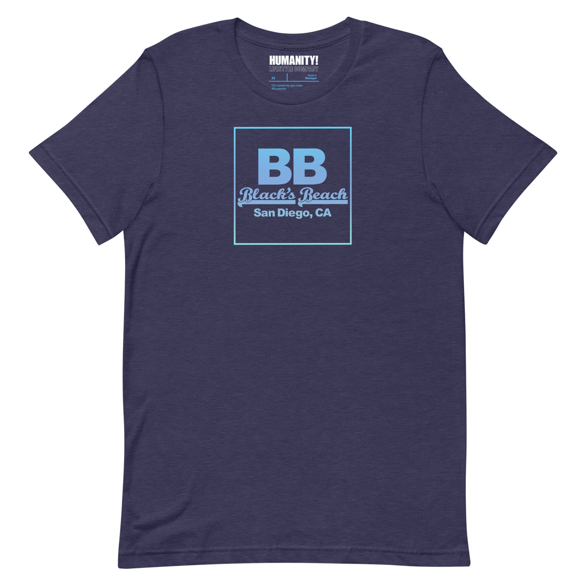 Navy blue t-shirt with 'BB Black's Beach San Diego, CA' print on a white background