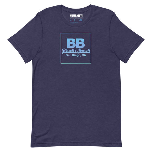 Navy blue t-shirt with 'BB Black's Beach San Diego, CA' print on a white background